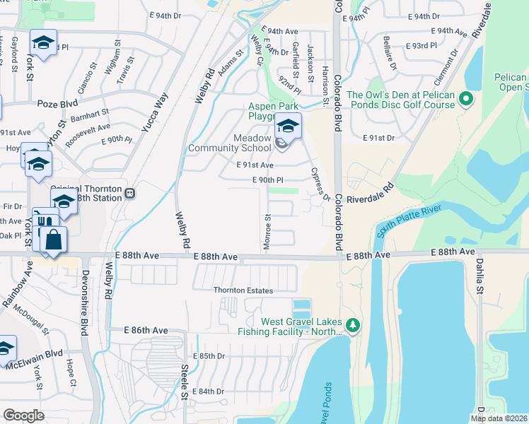 map of restaurants, bars, coffee shops, grocery stores, and more near 3601 East 89th Avenue in Thornton