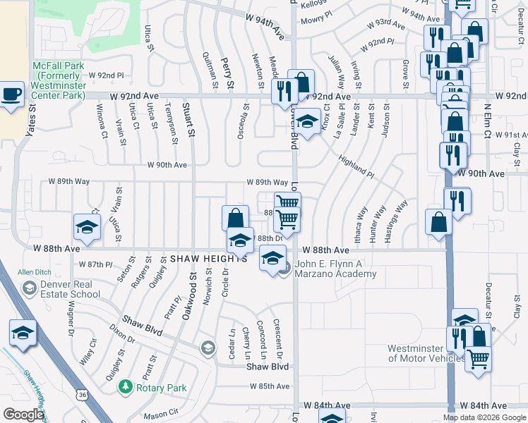 map of restaurants, bars, coffee shops, grocery stores, and more near 8862 Meade Court in Westminster
