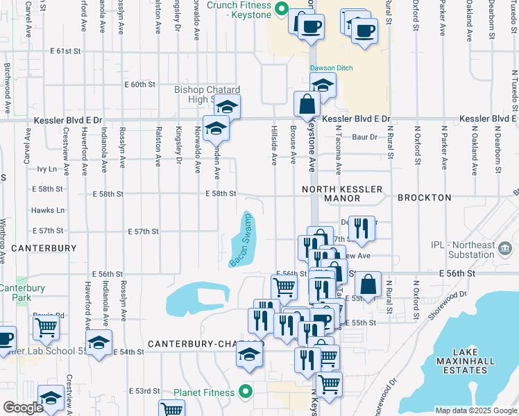 map of restaurants, bars, coffee shops, grocery stores, and more near 5150 Northdale Lake Court in Indianapolis