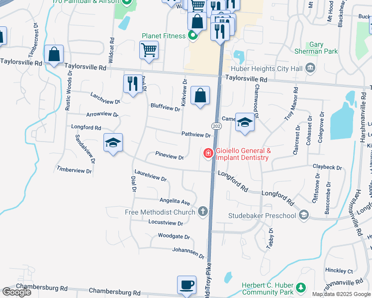 map of restaurants, bars, coffee shops, grocery stores, and more near 7133 Pineview Drive in Huber Heights