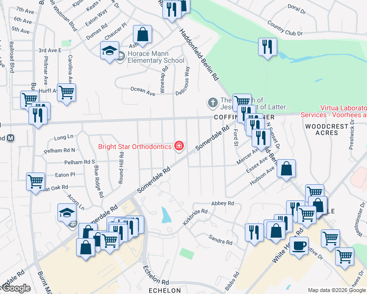 map of restaurants, bars, coffee shops, grocery stores, and more near 20 Bergen Avenue in Voorhees Township