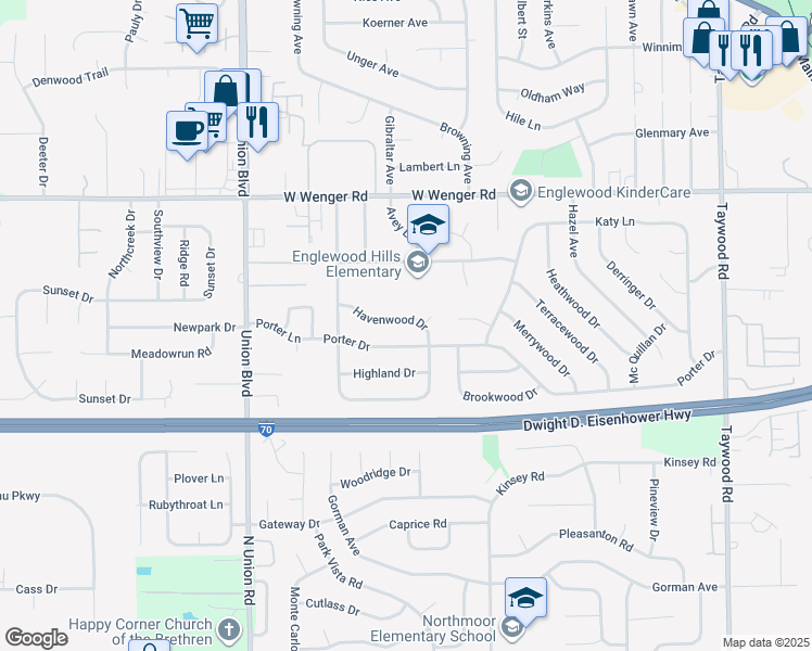 map of restaurants, bars, coffee shops, grocery stores, and more near 117 Havenwood Drive in Englewood