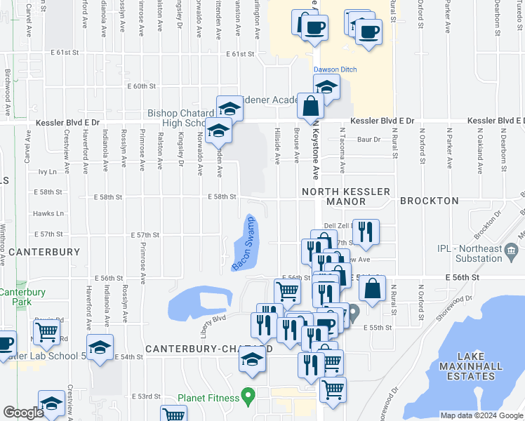 map of restaurants, bars, coffee shops, grocery stores, and more near 5150 Northdale Lake Court in Indianapolis