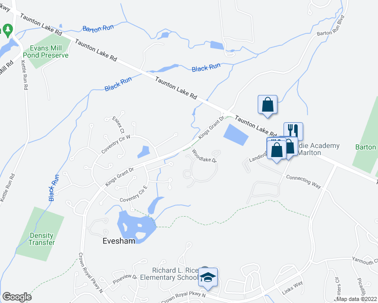 map of restaurants, bars, coffee shops, grocery stores, and more near 191 Woodlake Drive in Evesham