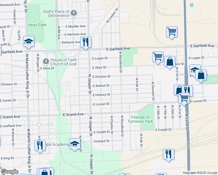 map of restaurants, bars, coffee shops, grocery stores, and more near 1539 North Charles Street in Decatur
