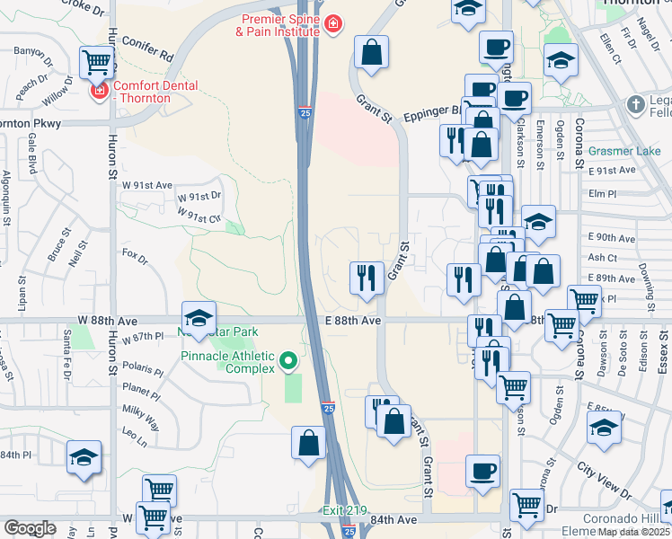 map of restaurants, bars, coffee shops, grocery stores, and more near 101 East 88th Avenue in Thornton