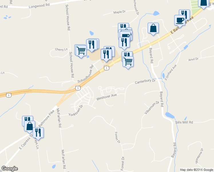 map of restaurants, bars, coffee shops, grocery stores, and more near 161 Cambridge Circle in Kennett Square
