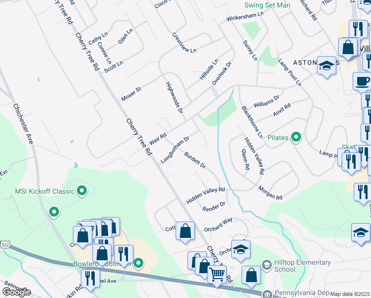map of restaurants, bars, coffee shops, grocery stores, and more near 755 Burdett Drive in Aston