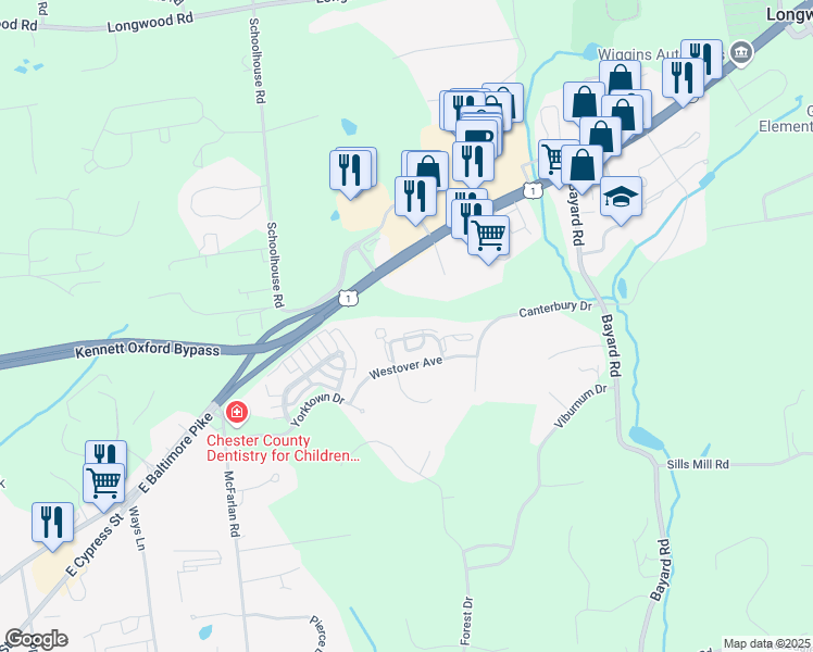 map of restaurants, bars, coffee shops, grocery stores, and more near 159 Cambridge Cir in Kennett Square