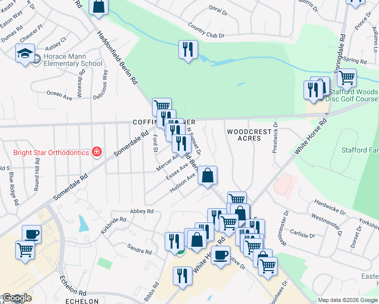 map of restaurants, bars, coffee shops, grocery stores, and more near 123 Haddonfield-Berlin Road in Voorhees Township