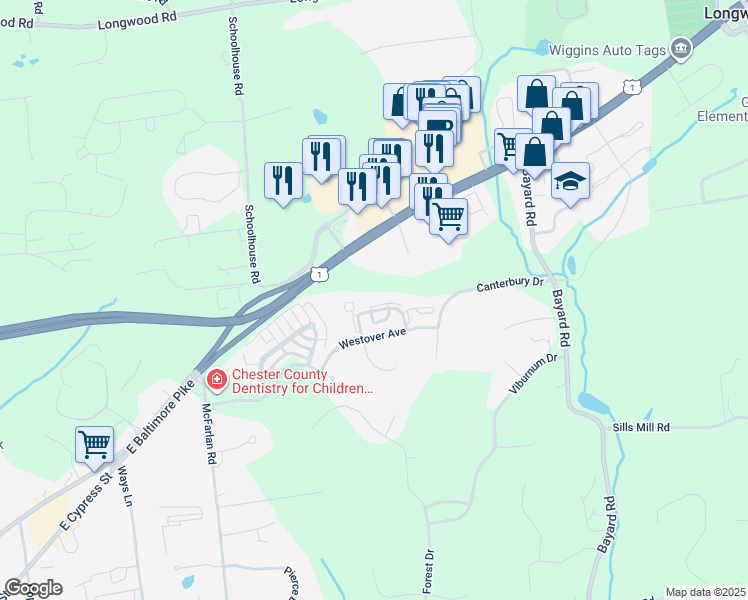 map of restaurants, bars, coffee shops, grocery stores, and more near 161 Cambridge Circle in Kennett Square