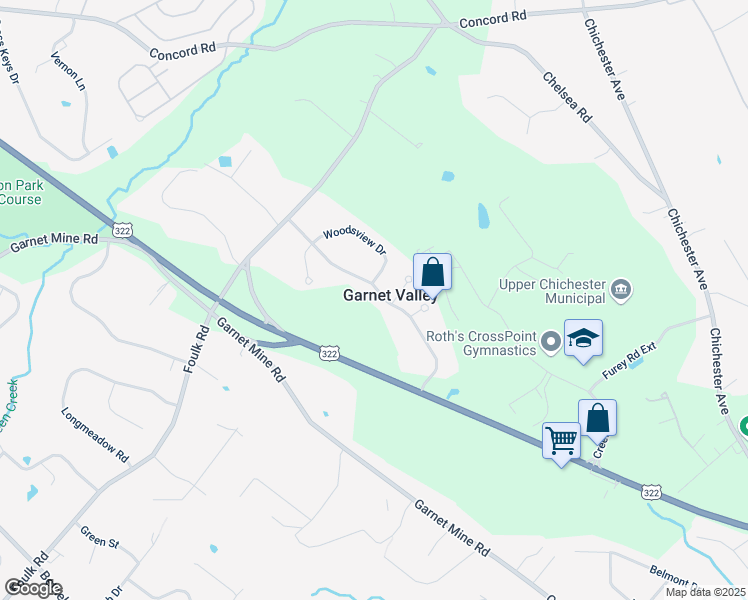 map of restaurants, bars, coffee shops, grocery stores, and more near 1501 Colonial Drive in Garnet Valley