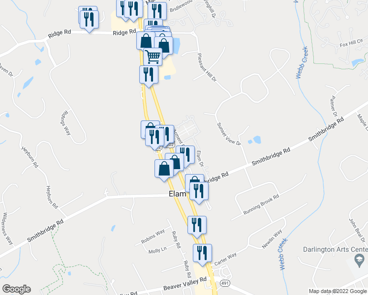 map of restaurants, bars, coffee shops, grocery stores, and more near Arment Drive in Glen Mills