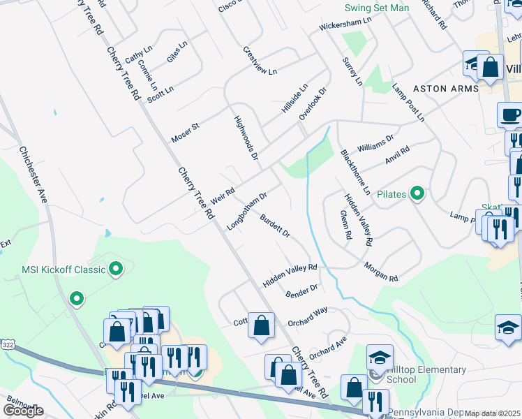 map of restaurants, bars, coffee shops, grocery stores, and more near 755 Burdett Drive in Aston
