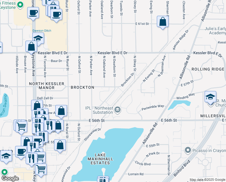 map of restaurants, bars, coffee shops, grocery stores, and more near 5763 Brockton Drive in Indianapolis