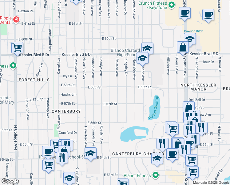 map of restaurants, bars, coffee shops, grocery stores, and more near 5731 Ralston Avenue in Indianapolis