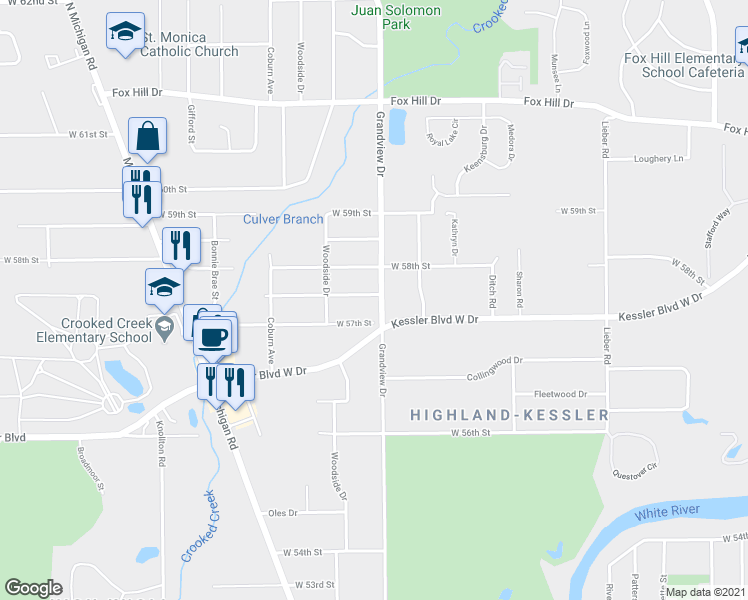 map of restaurants, bars, coffee shops, grocery stores, and more near 5740 Grandview Drive in Indianapolis