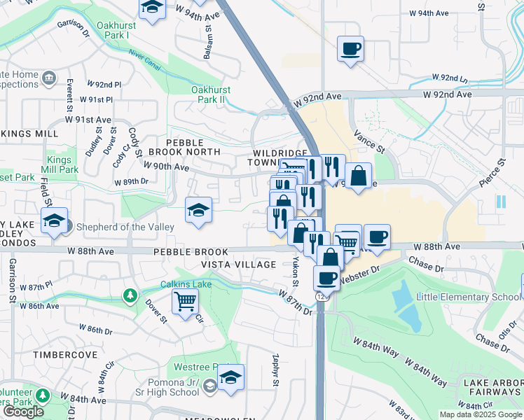 map of restaurants, bars, coffee shops, grocery stores, and more near 8883 Yukon Street in Broomfield
