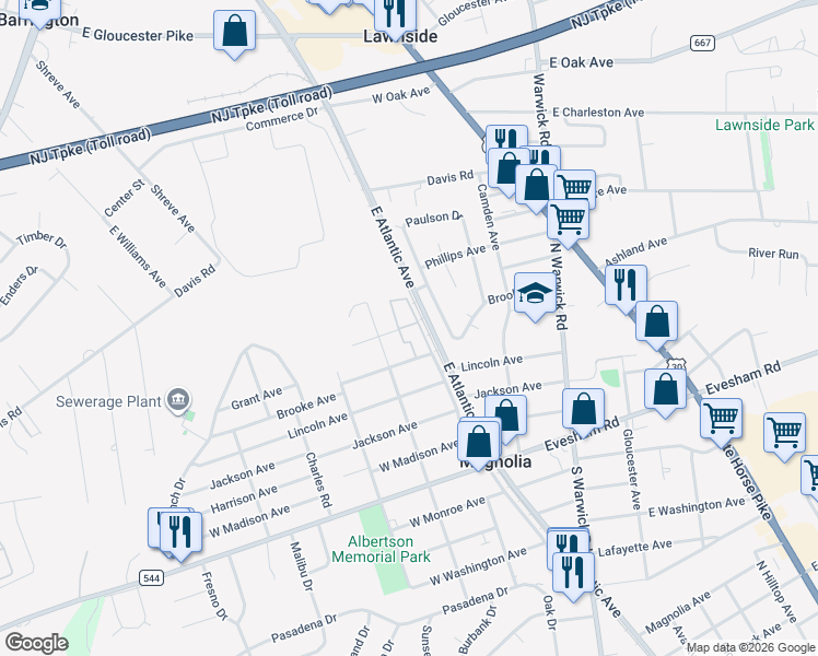 map of restaurants, bars, coffee shops, grocery stores, and more near 404 Crestview Avenue in Magnolia
