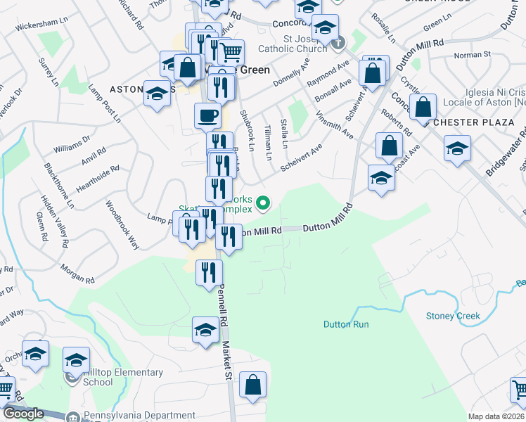 map of restaurants, bars, coffee shops, grocery stores, and more near 3100 Dutton Mill Road in Aston