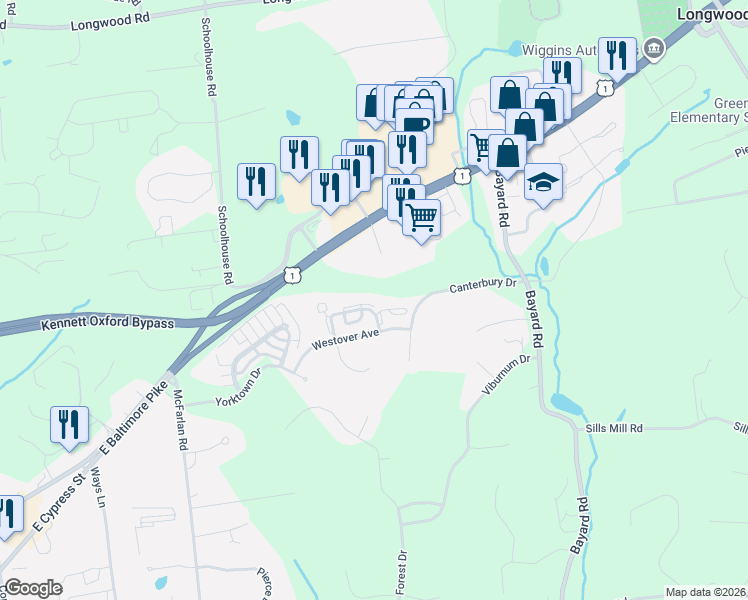 map of restaurants, bars, coffee shops, grocery stores, and more near 173 Cambridge Circle in Kennett Square