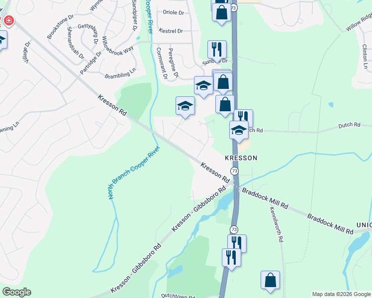 map of restaurants, bars, coffee shops, grocery stores, and more near 405 Kresson Road in Voorhees Township