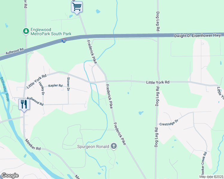map of restaurants, bars, coffee shops, grocery stores, and more near 7600 Frederick Pike in Dayton