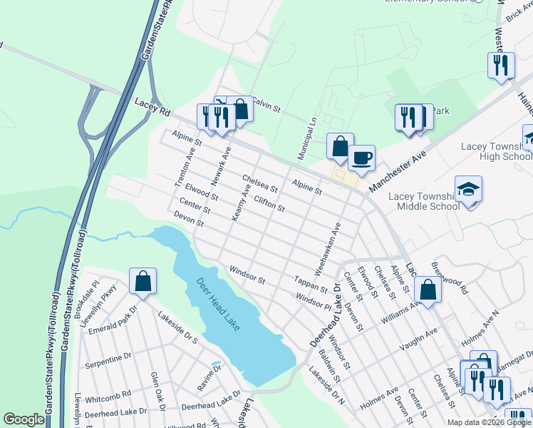map of restaurants, bars, coffee shops, grocery stores, and more near 836 Arlington Avenue in Lacey Township