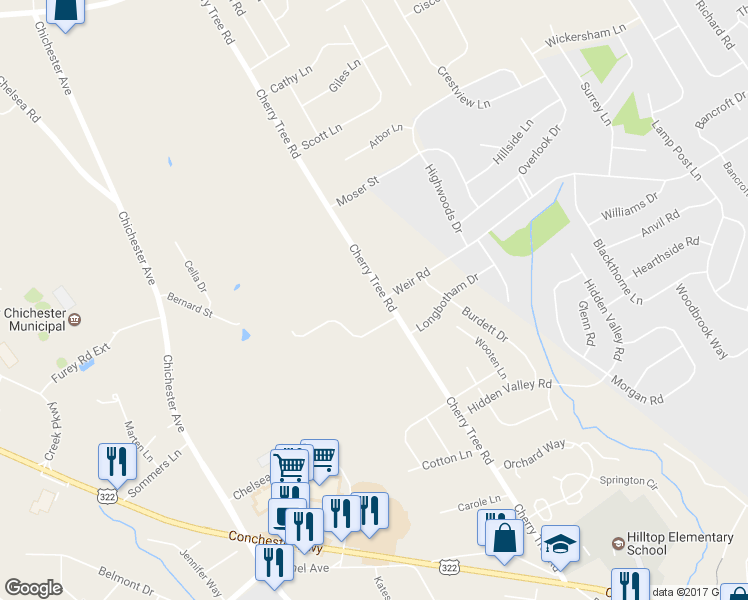 map of restaurants, bars, coffee shops, grocery stores, and more near 908 Cherry Tree Road in Aston