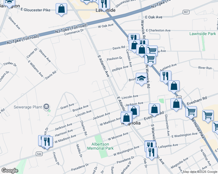 map of restaurants, bars, coffee shops, grocery stores, and more near 404 Crestview Avenue in Magnolia