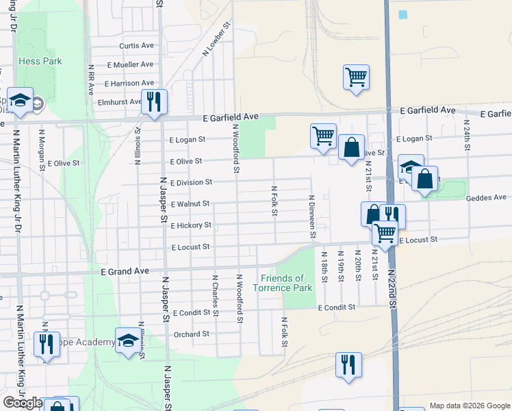 map of restaurants, bars, coffee shops, grocery stores, and more near 1561 East Walnut Street in Decatur