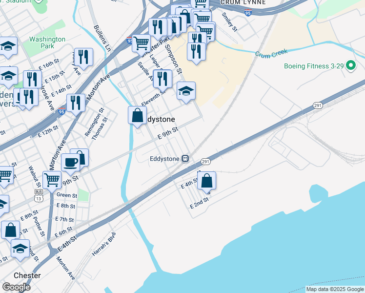 map of restaurants, bars, coffee shops, grocery stores, and more near 720 Saville Avenue in Eddystone