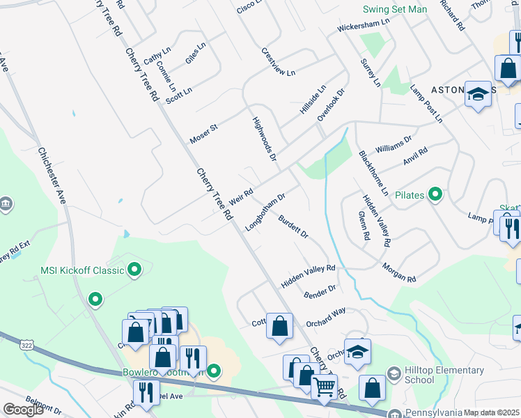 map of restaurants, bars, coffee shops, grocery stores, and more near 762 Burdett Drive in Aston