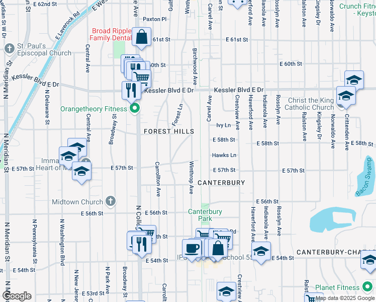 map of restaurants, bars, coffee shops, grocery stores, and more near 934 East 57th Street in Indianapolis