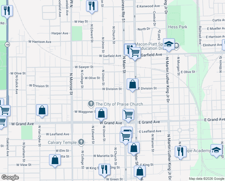 map of restaurants, bars, coffee shops, grocery stores, and more near 1300-1598 N Church St in Decatur