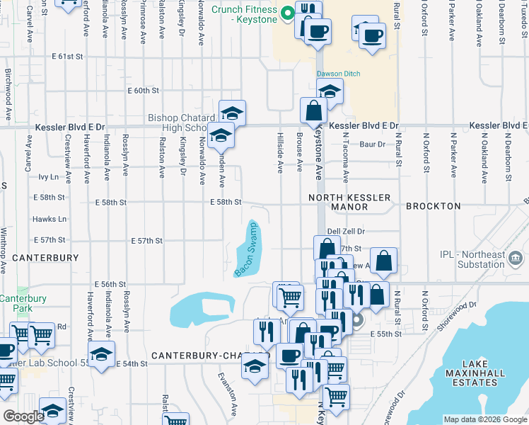map of restaurants, bars, coffee shops, grocery stores, and more near 5150 Northdale Lake Court in Indianapolis