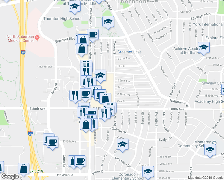 map of restaurants, bars, coffee shops, grocery stores, and more near 8925 Corona Street in Thornton