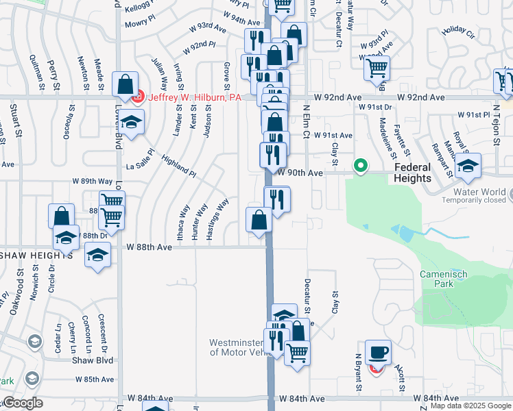 map of restaurants, bars, coffee shops, grocery stores, and more near 8895 Federal Boulevard in Westminster