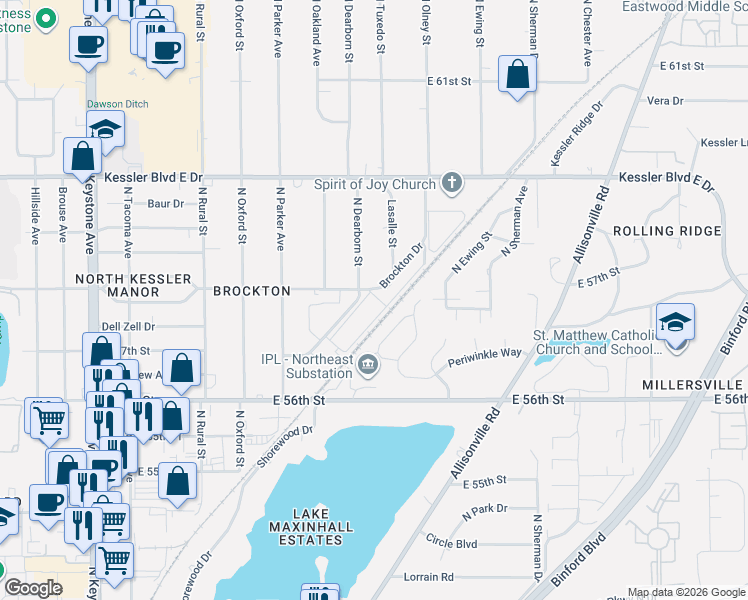 map of restaurants, bars, coffee shops, grocery stores, and more near 5763 Brockton Drive in Indianapolis