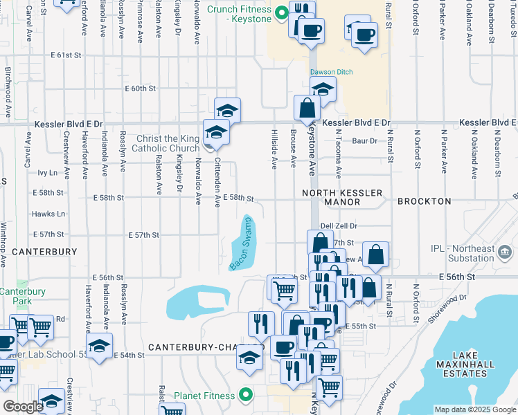 map of restaurants, bars, coffee shops, grocery stores, and more near 5150 Northdale Lake Court in Indianapolis