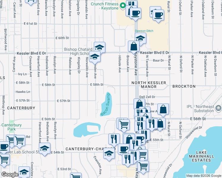 map of restaurants, bars, coffee shops, grocery stores, and more near 5150 Northdale Lake Court in Indianapolis
