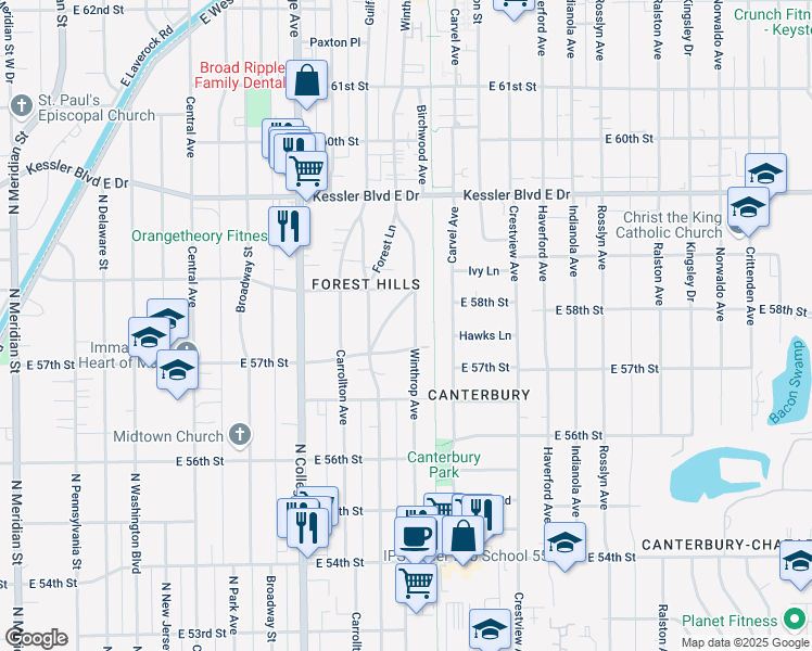 map of restaurants, bars, coffee shops, grocery stores, and more near 934 East 57th Street in Indianapolis