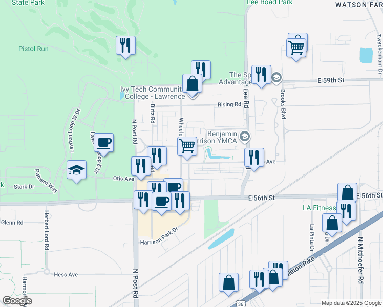map of restaurants, bars, coffee shops, grocery stores, and more near 9225 Hawkins Road in Indianapolis