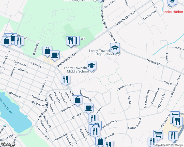 map of restaurants, bars, coffee shops, grocery stores, and more near 660 Denton Avenue in Lacey Township