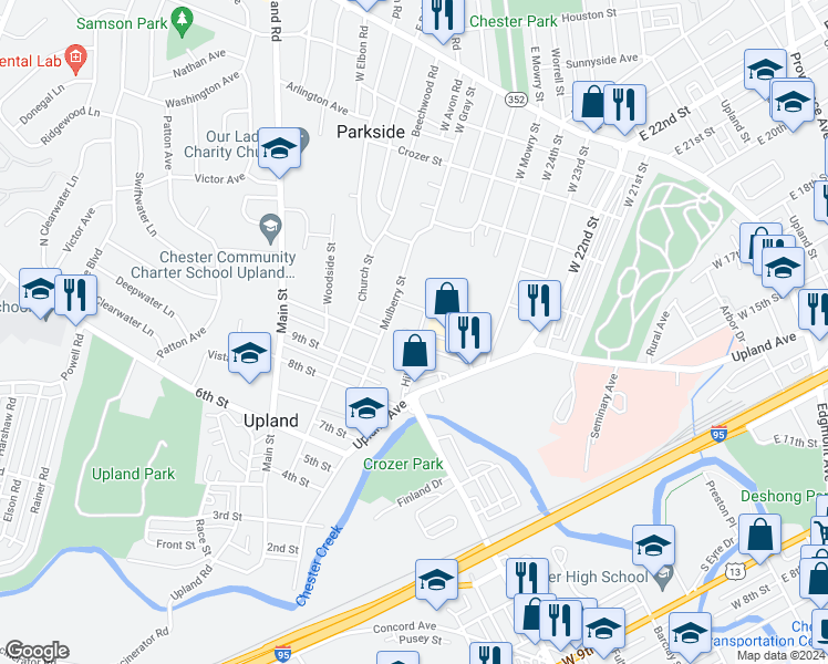 map of restaurants, bars, coffee shops, grocery stores, and more near 1014 Hill Street in Brookhaven