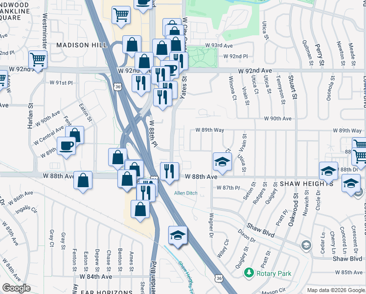 map of restaurants, bars, coffee shops, grocery stores, and more near 8883 Yates Drive in Westminster