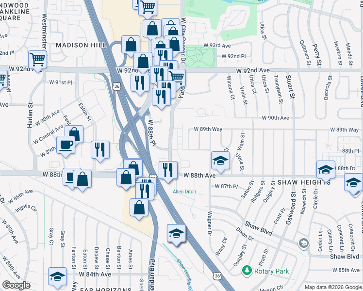 map of restaurants, bars, coffee shops, grocery stores, and more near 8883 Yates Drive in Westminster