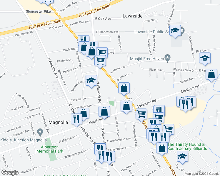 map of restaurants, bars, coffee shops, grocery stores, and more near 420 North White Horse Pike in Magnolia