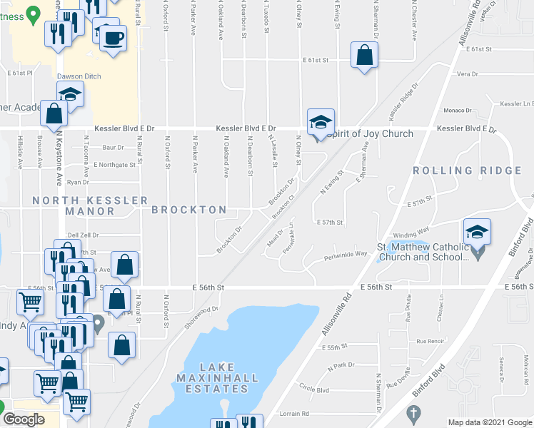 map of restaurants, bars, coffee shops, grocery stores, and more near 5763 Brockton Drive in Indianapolis