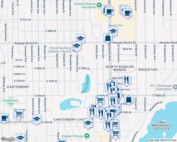 map of restaurants, bars, coffee shops, grocery stores, and more near 5150 Northdale Lake Court in Indianapolis